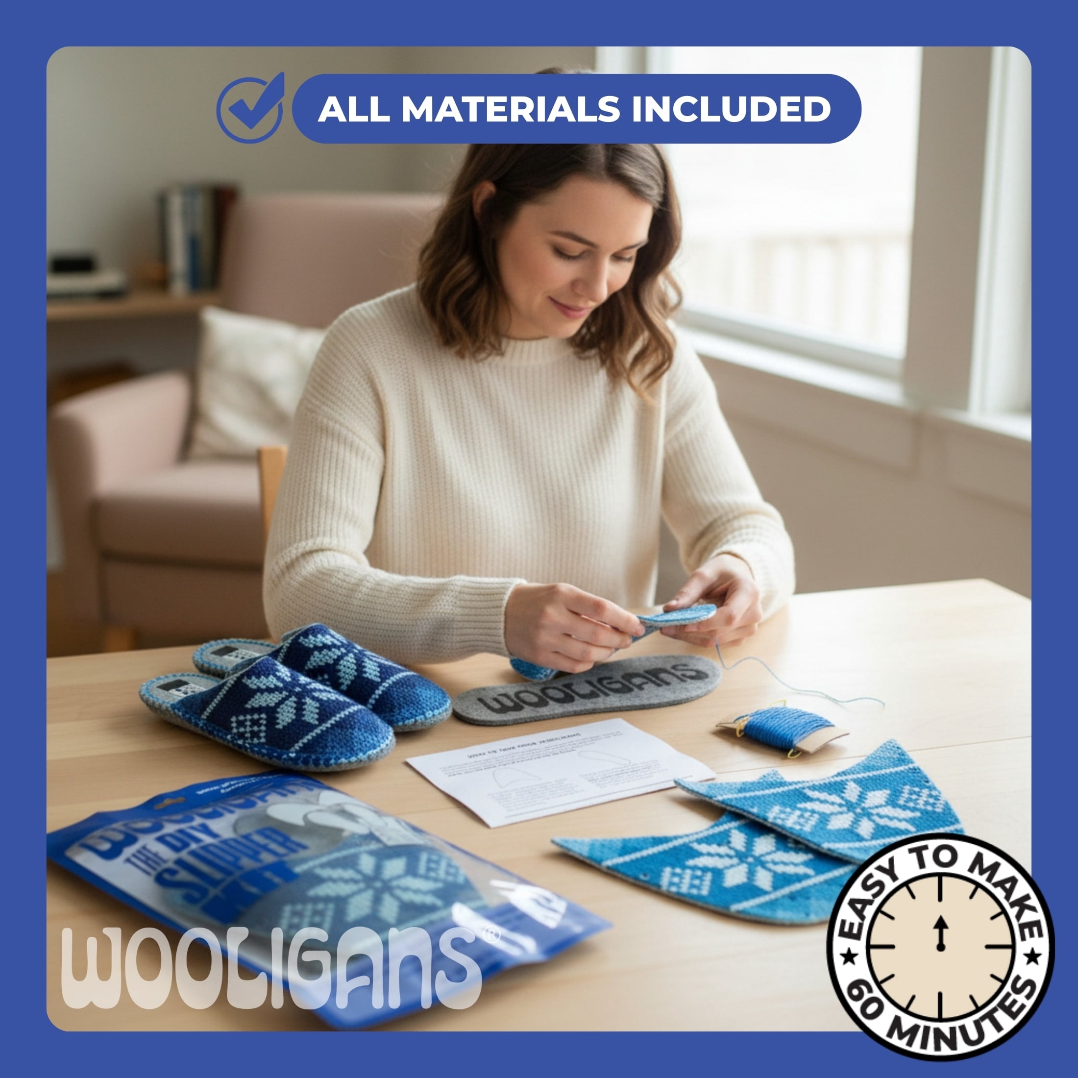 WOOLIGANS DIY Slipper Sewing Kit, Hand Stitch Felt Slipper Craft Kit, Beginner Needlecraft for Adults & Teens, Blue Snowflake, Women’s US Size 7/8