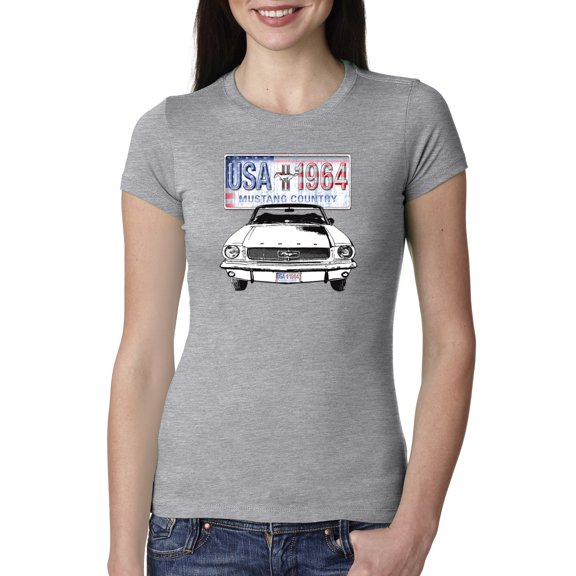 Wild Bobby, Ford Mustang Country USA 1964 Vintage American License Plate, Cars and Trucks, Women Slim Fit Junior Tee, Heather Grey, Small