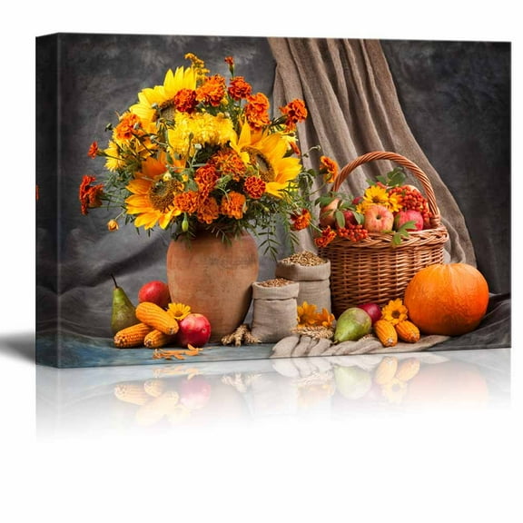 wall26 - Canvas Prints Wall Art - Autumn Still Life. Flower, Fruit and Vegetables | Modern Wall Decor/Home Decoration Stretched Gallery Canvas Wrap Giclee Print. Ready to Hang - 24" x 36"