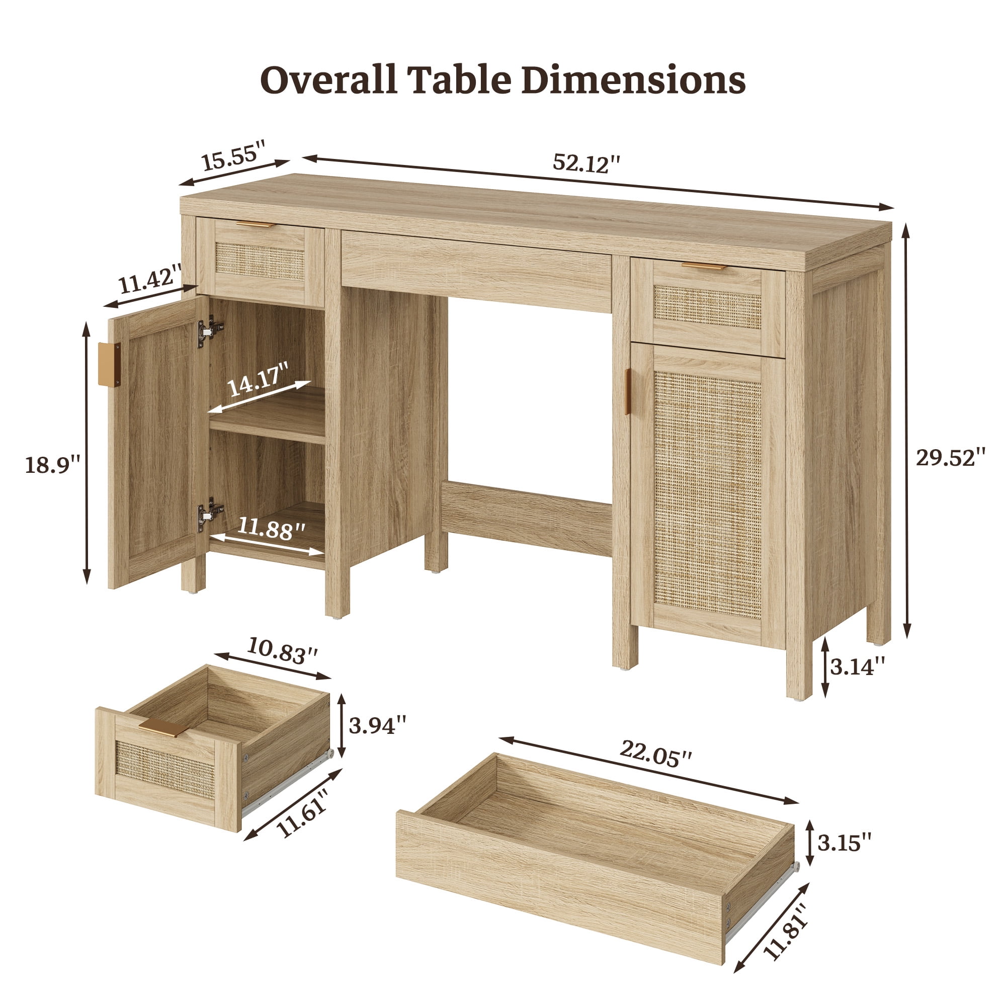 SICOTAS Boho Vanity Desk with 3 Drawers & 2 Storage Cabinets, 52" Rattan Makeup Desk with Adjustable Shelves, Farmhouse Dressing Table for Bedroom, Executive Computer Desk for Home Office, Light Oak