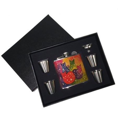

KuzmarK 6 oz. Leather Flask Set in Black Presentation Box - Fiesta Polka-Dot Kitties and Mouse Cat Abstract Art by Denise Every