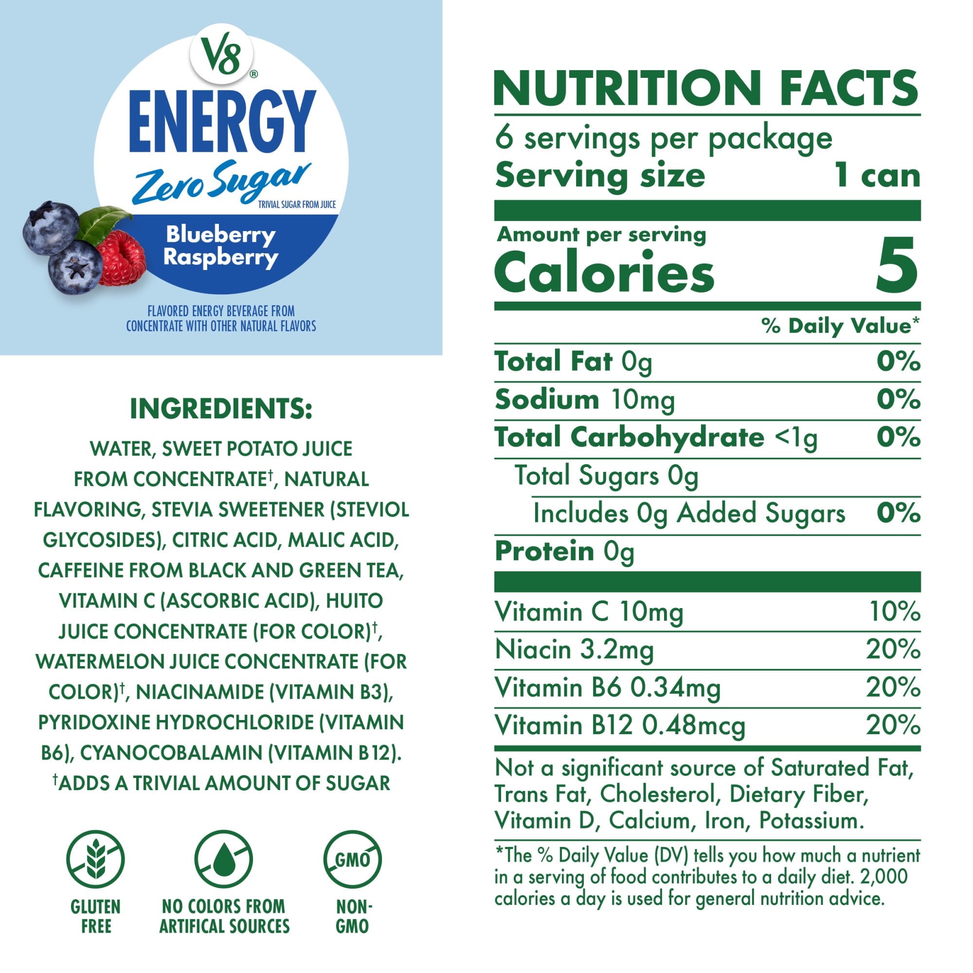 (4 pack) V8 Energy Zero Sugar Blueberry Raspberry Energy Drink, 8 fl. oz. Can (6 Pack)
