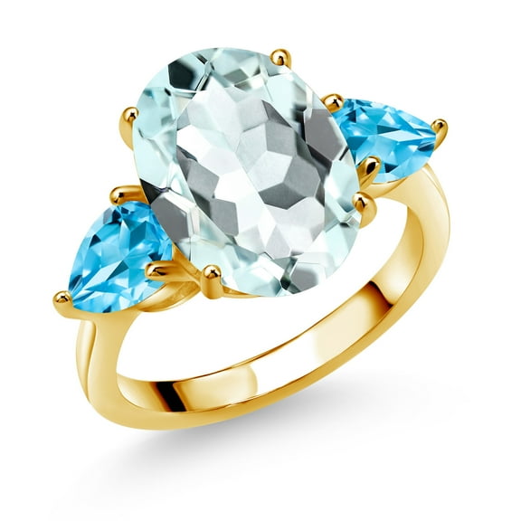 Gem Stone King 18K Yellow Gold Plated Silver Sky Blue Simulated Aquamarine and Swiss Blue Topaz Ring for Women (7.24 Cttw, 14X10MM Oval and 7X5MM Pear Shape, Gemstone, Size 6)