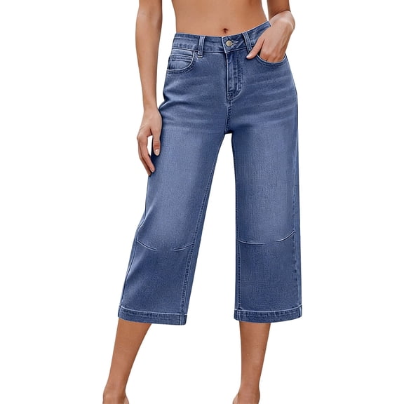 WERYOUNG Women's Casual Pants Solid Color High Waist Denim Trousers Everyday Wear Loose Fit Wide Leg Capri Jeans With Pockets Party Night Stylish Comfortable Slacks