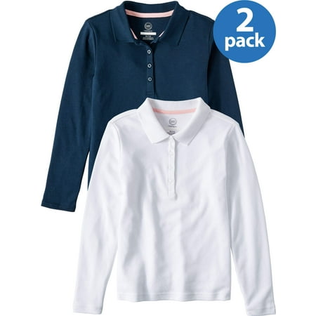 Wonder Nation Girls School Uniform Long Sleeve Interlock Polo, 2-Pack Value Bundle (Little Girls & Big