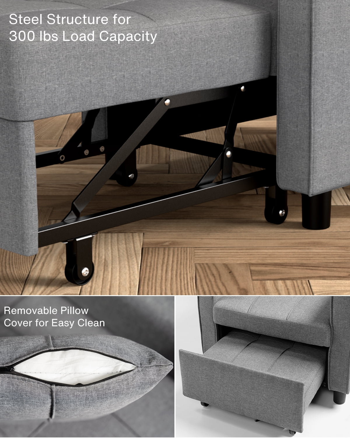 Aiho 3 in 1 Convertible Futon Sofa Bed, Folding Sleeper Chair with Adjustable Backrest, Perfect for Living Room, Small Spaces, Light Gray