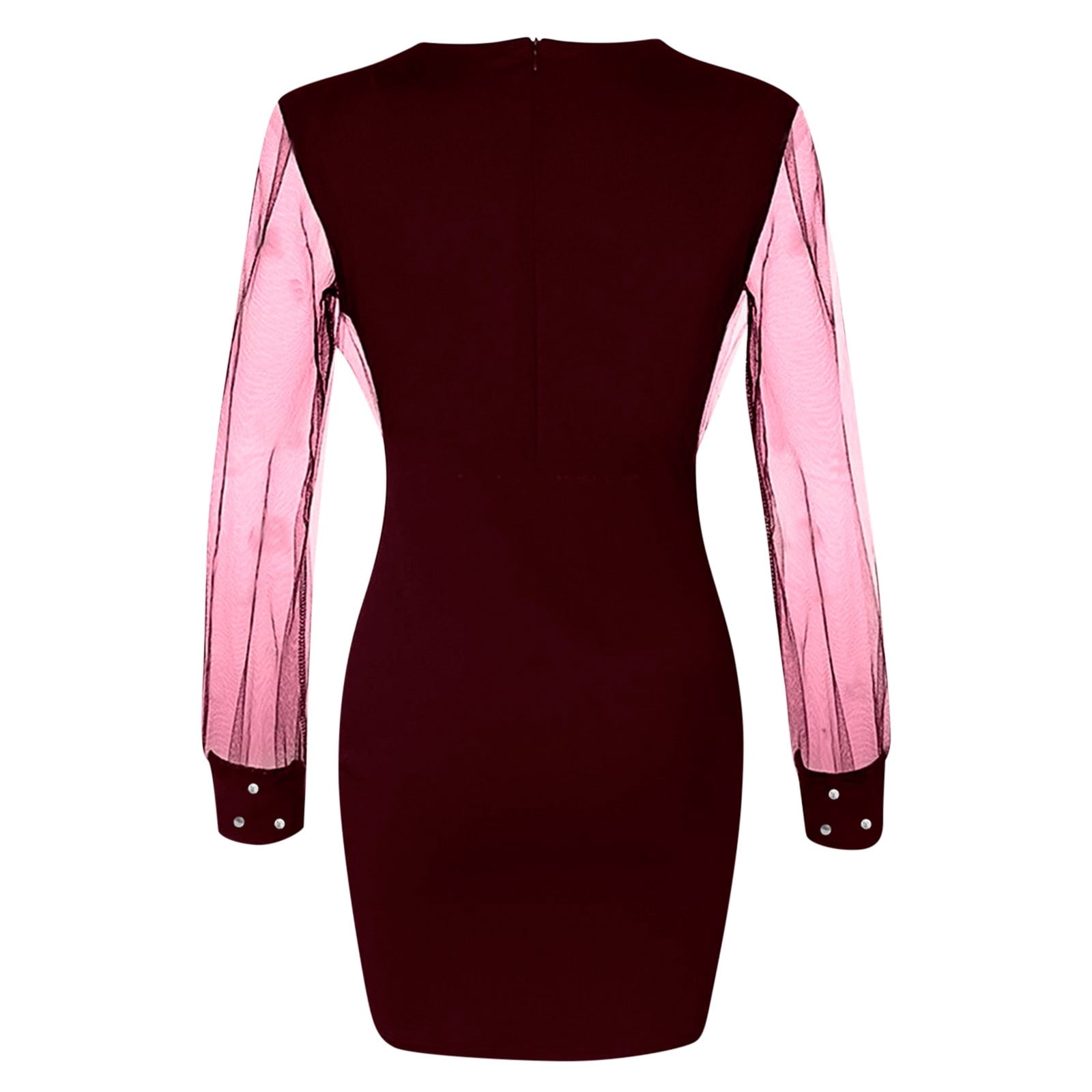JGGSPWM Women's Sheer Long Sleeve V Neck Mini Dress Pearl Beading Dresses Wine S