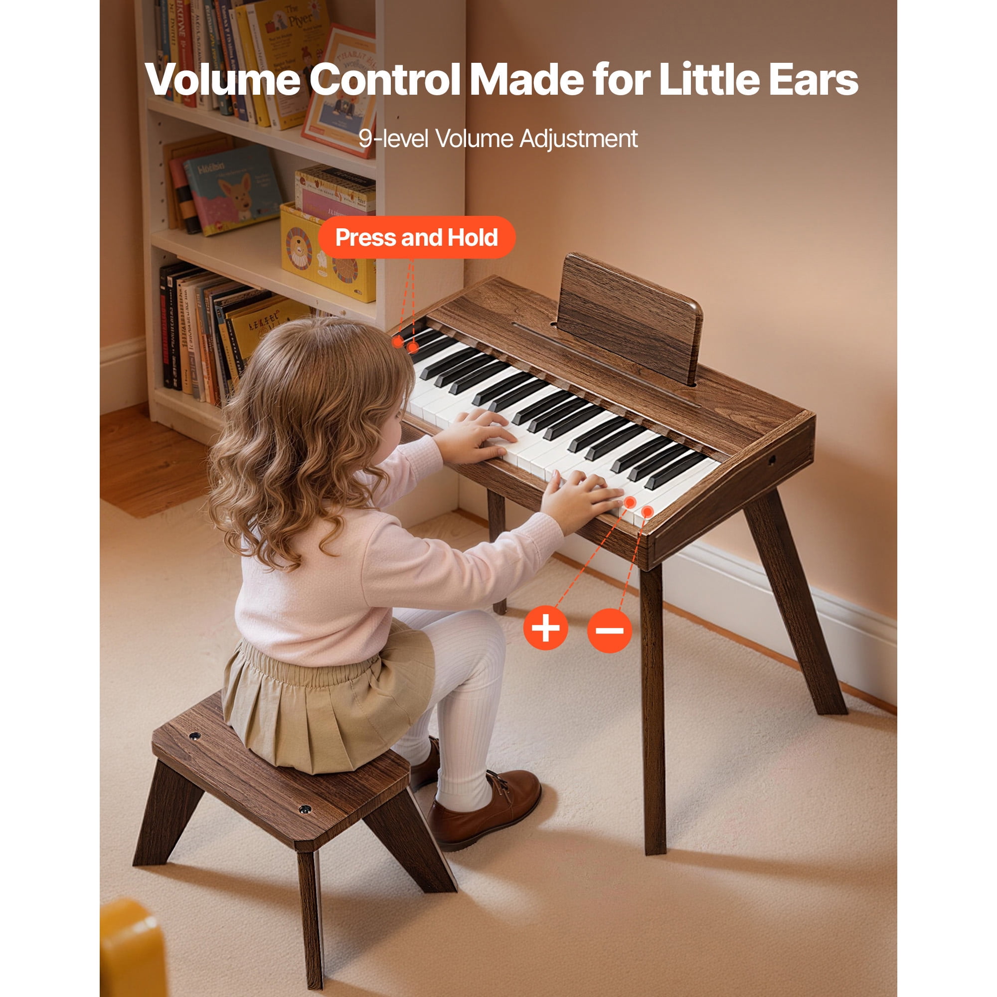 KFFKFF 37-Key Wooden Digital Piano for Kids, Mini Educational Music Instrument with Realistic Sound, Dual Power Options, Adjustable Volume, Ideal for Toddlers and Young Learners, Walnut Finish