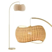 Brightech Wave Arched Floor Lamp  Unique Hanging Wicker Shade for Living Rooms  Rattan Style Matches Boho and Other Dcor  Arcs Over Sofas and Dining Tables for Compliments - Brass