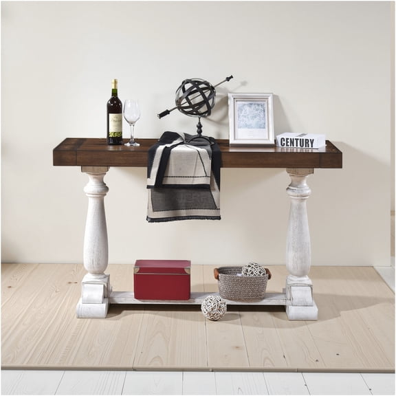 JERFIT 30" Rustic Farmhouse Console Table, Solid Wood Sofa Table with Pedestal Base for Entryway & Living Room, Antique Dark Oak/Antique White