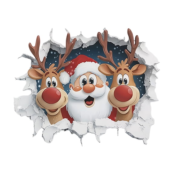 3D Look Christmas Wall Stickers Santa Claus Snowman Reindeer Break Through Wall Design Removable Wall Decals for Bedroom Living Room Home Holiday Decor