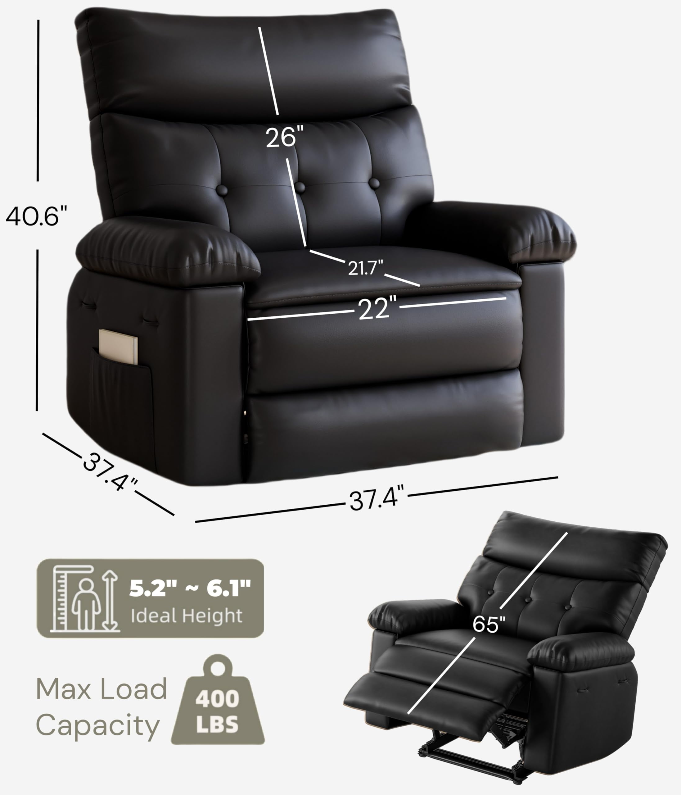 Oversized Rocker Recliner for Adults, Nursery Glider Recliner with Massage and Heating, Rocking Chair with 1.5X Sponge Comfort Arm and Back, Side Pockets, PU Leather Manual Recliner Chair