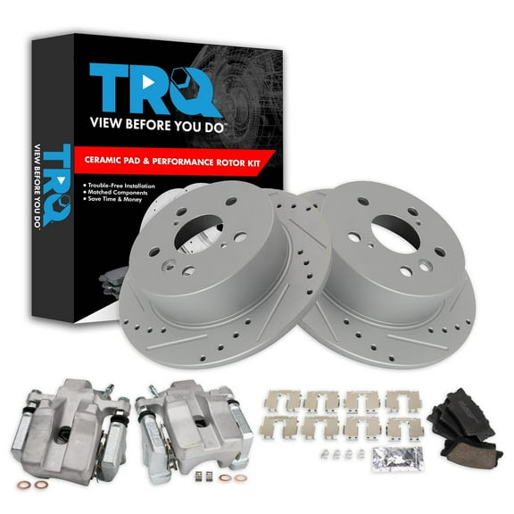 TRQ Rear Performance Brake Pad & Rotor Kit Brake Caliper Brake Pads Brake Rotors Set Ceramic Solid Premium G-Coated Fits Select 2007-2012 Lexus ES350 2008-2012 Toyota Avalon 2007-2011 Camry