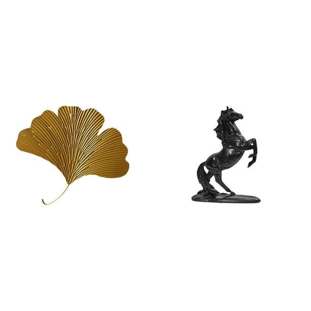Decoración De Pared Con Hojas De Ginkgo De Hierro Forjado. Escultura Abstracta Para Sala De Estar, Oficina, Hotel, Comedor, Restaurante O Casa De Campo. Incluye Estatua De Caballo. Adornos