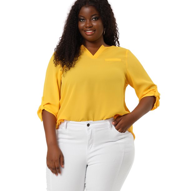 Blusa talgrande uxcell de mujer con cuello dividido y dobladillo alto bajo mangas 3/4 Amarillo XL