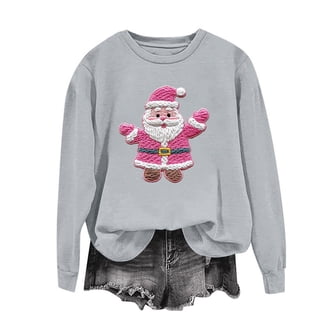 Women's Christmas Sweatshirt - Cute Santa Head Graphic Long Sleeve Crewneck Pullover, Light Grey, Medium