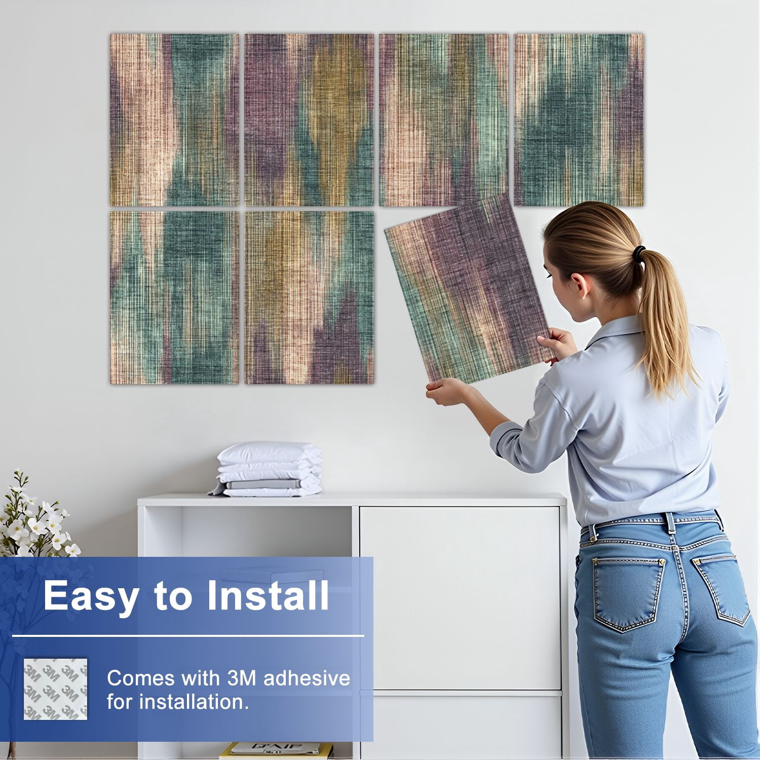 8 Pack Art Acoustic Panels Sound Absorbing Abstract Multi Color Striped Decorative Soundproof Wall Panels Self Adhesive for Nursery Game Room Bedroom 48"x32"