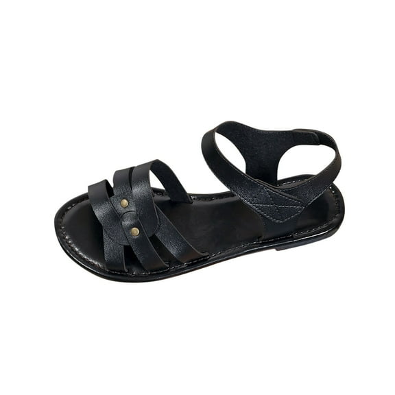 Xfvqtps Flats Sandals for Women Hook and Loop Strap Crisscross Straps Open Toe Non Slip Breathable Beach Summer Leather Sandals Black