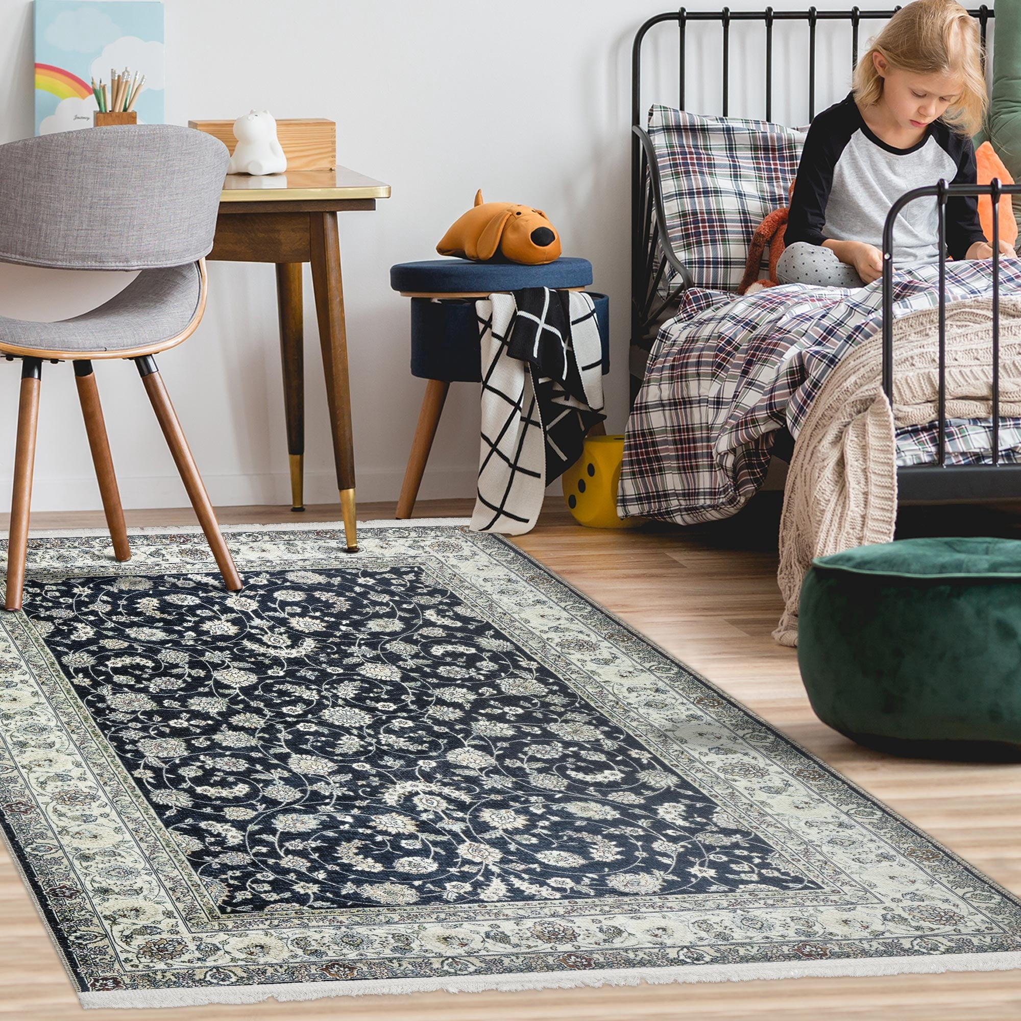 Ottomanson Machine Washable Cotton 4x6 Flatweave Area Rug for Living Room, 4' x 6', Black Floral