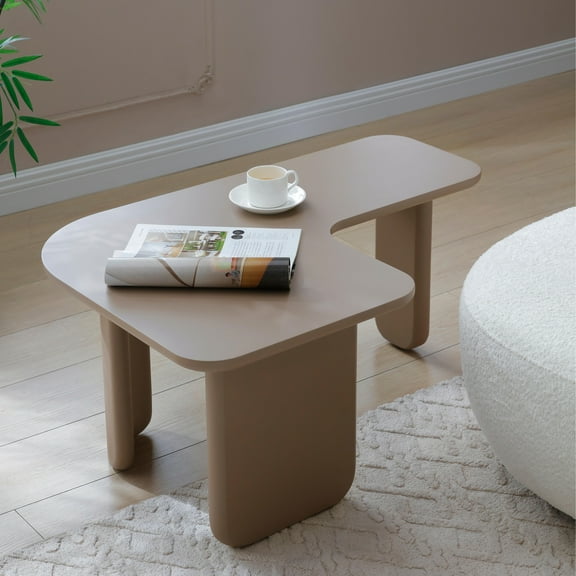 FFZ 35.43" L-Shape Modern Coffee Table Upgraded, Cocktail Table with Multi-layer Green Paint,for Living Room Apartment Office, Khaki
