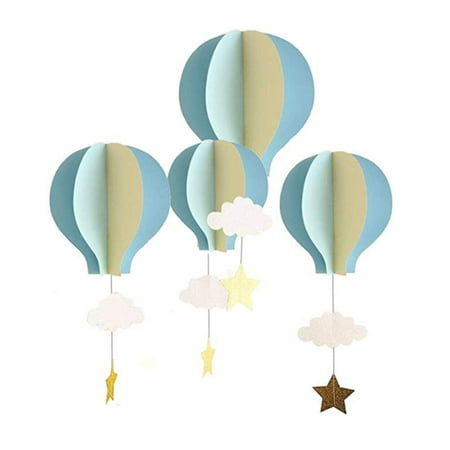 

HOMEMAXS 4pcs 3D Paper Pendant Hot Air Balloons Clouds Stars Hanging Ornaments for Home Decor (Light Blue Sky Blue and Beige)