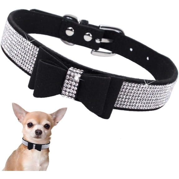 Small Dog Collars for Female Dogs, Cute Bling Rhinestone Crystal with Bow Tie Glitter Diamond Bowtie Puppy Collars for XXS XS Small Medium Large Pet Girls Dogs Cats
