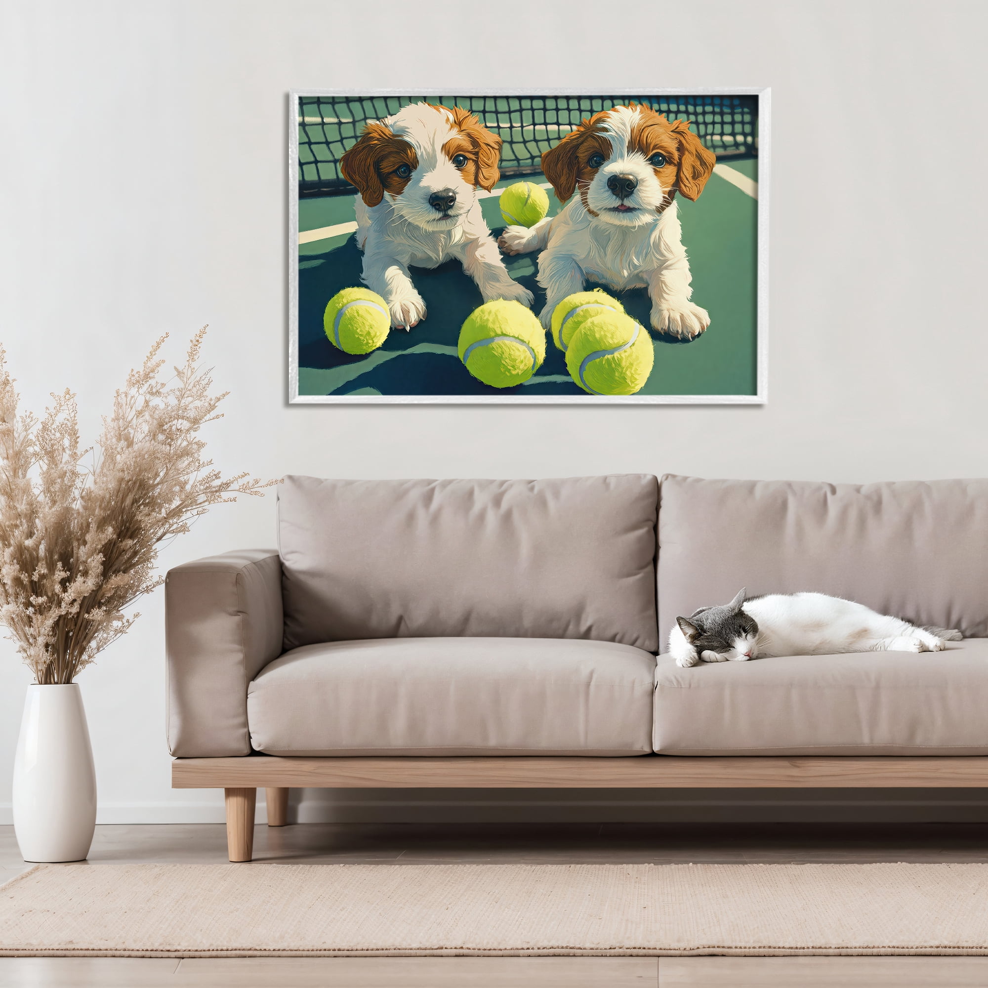 Stupell Industries Playful Puppies with Tennis Balls White Framed Giclee Art, design by Imagine It Images