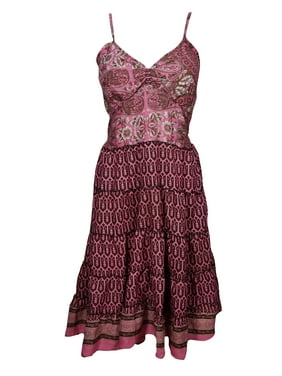 Mogul Pink Recycled Sari Vintage Dress Spaghetti Strap Printed Beach Boho Style Dresses S/M