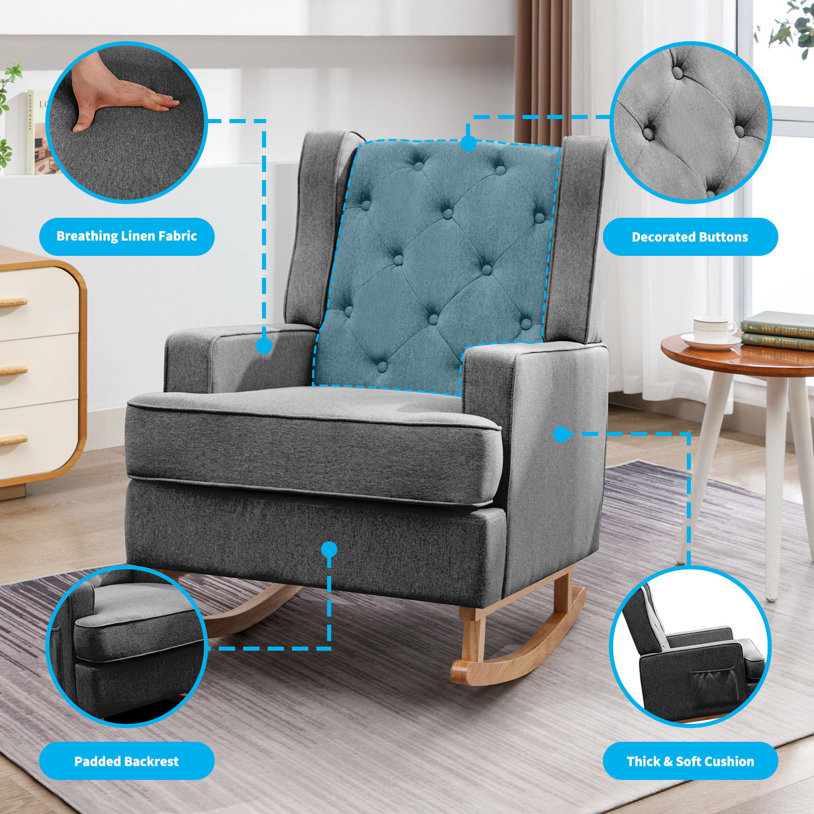 BALUS Modern Rubberwood Linen Rocking Accent Chair with Side Pocket, Dark Grey