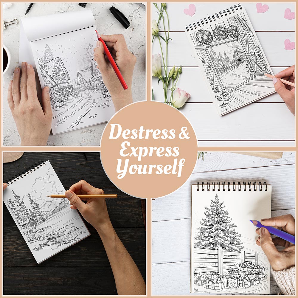 Netecom Christmas Country Town Coloring Book Spiral Bound For Adults, A5 Wooden Cover 30, Delightful Coloring Pages of Snowy Streets and Cozy Homes for Stress Relief and Relaxation