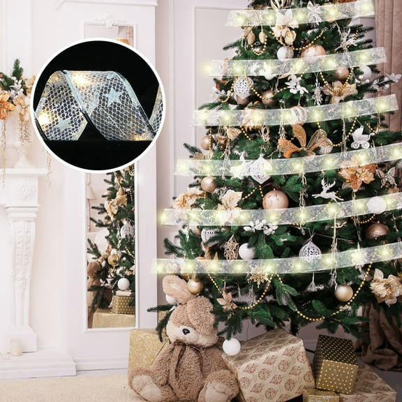 SDJMa Christmas Ribbon Lights Sliver 16.4ft 50 LED Lights Battery Powered Double Layer Copper Wire Ribbon Bows Fairy Strings Lights for Weddings New Year Christmas Tree Decorations