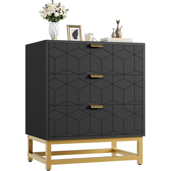 Senfot Black Dresser for Bedroom, Wood Dressers Chest Organizer with Wide Storage,3 Drawer Dresser with Metal Legs, Modern Chest of Drawers for Bedroom, Living Room, Hallway