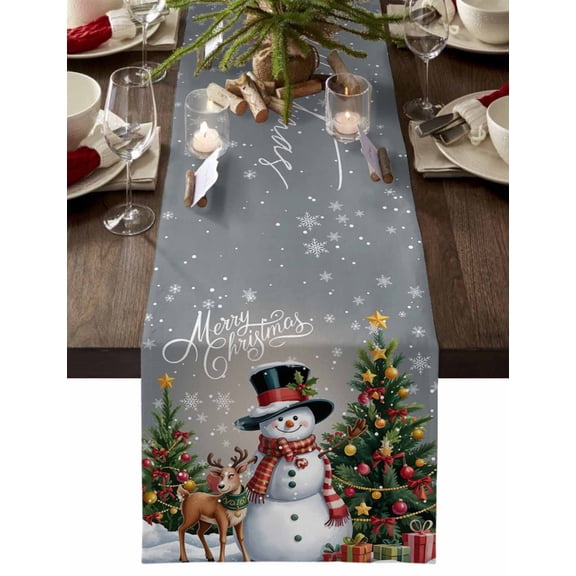 ERUNPONLY Grey Christmas Table Runner - 48 Inch Long Xmas Snowman Tree Elk Snowflake Cotton and Linen Blended Dress Scarves Farmhouse Table Runner for Kitchen Dining, Coffee Table, 13" x 48"
