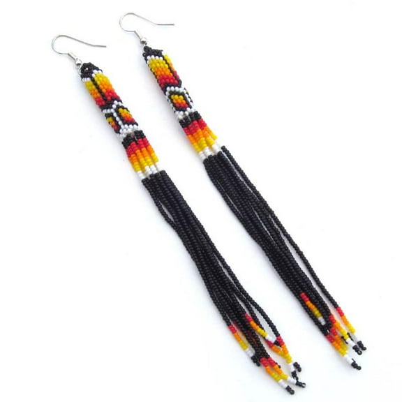 Black Fire Seed Beads Beaded Extra Long Earrings 5.5 Inch Handmade