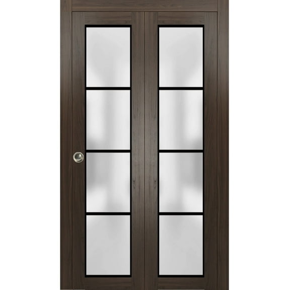 Sliding Closet Bi-fold Doors 36 x 80 inches | Planum 2132 Chocolate Ash Frosted Glass | Sturdy Tracks Moldings Trims Hardware Set | Wood Solid Bedroom Wardrobe Doors
