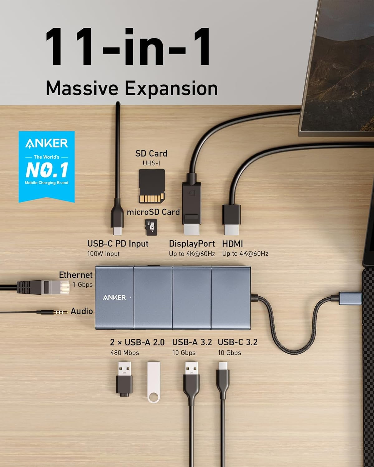 Restored Anker USB C Hub, 11-in-1 Docking Station (Refurbished)