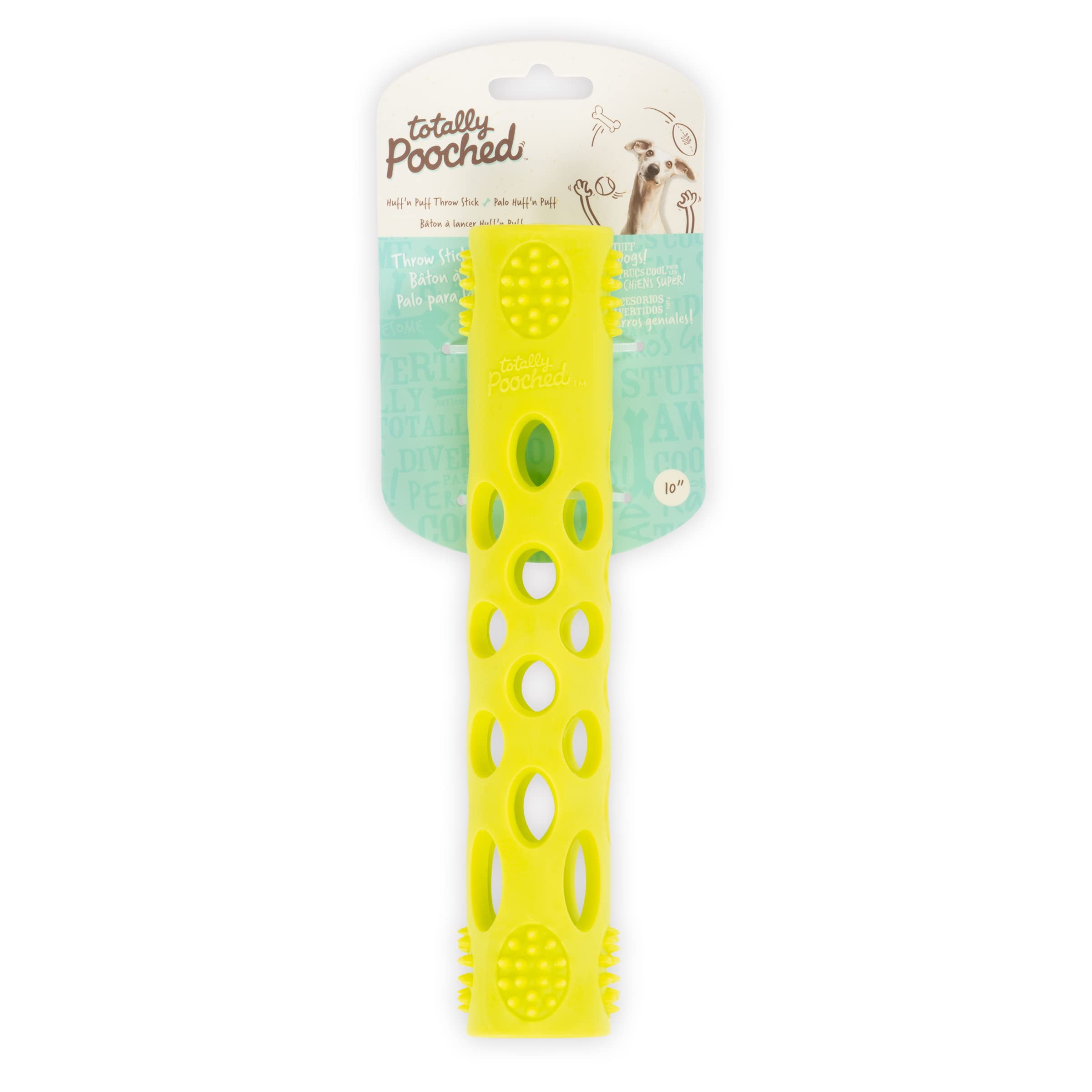 Messy Mutts Totally Pooched Huff'n Puff Stick | 10” x 2” TPR Puzzle Stick for Dogs | 2-in-1 Durable Interactive Toy and Tooth Cleaner | Green