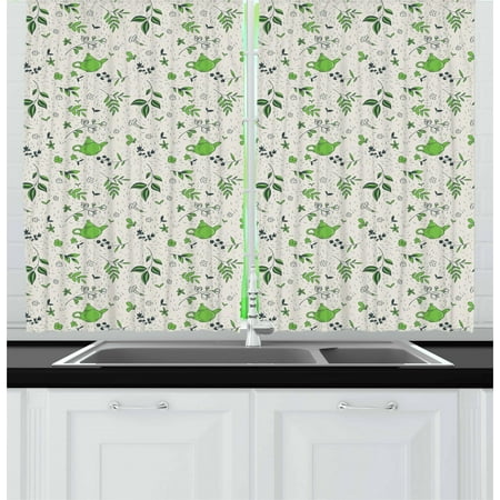 Green Tea Room Jasmine Curtains 2 Panels Set, Exotic Herbal Tea Concept Green Tea and Jasmine Leaves, Window Drapes for Living Room Bedroom, 55W X 39L Inches, Eggshell Pale Green and Dark Green, by Ambesonne ()