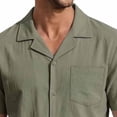 thumbnail image 5 of Linen Sets for Men Button Down Cuban Guayabera Shirt with Pocket Shorts Set 2 Piece Cotton Linen Outfits Big and Tall Size S-3XL Army Green, 5 of 6