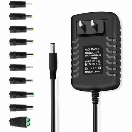 xzyuan 12V DC 2A Power Adapter Supply Center Positive, AC 100-240V 50-60Hz to 12 Volt 2000mA Transformer, DC 12V Power Cord Adapter with 10 Tips, for Keyboard LED Strip Lights GPS Webcam