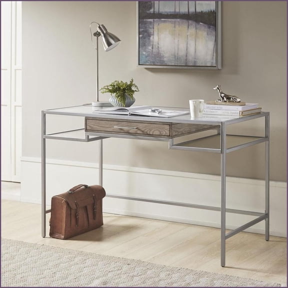 Desks, Madison Park Adela Contemporary 48”W Metal Writing Desk with Tempered Glass Top & Drawer | Antique Silver | Wood