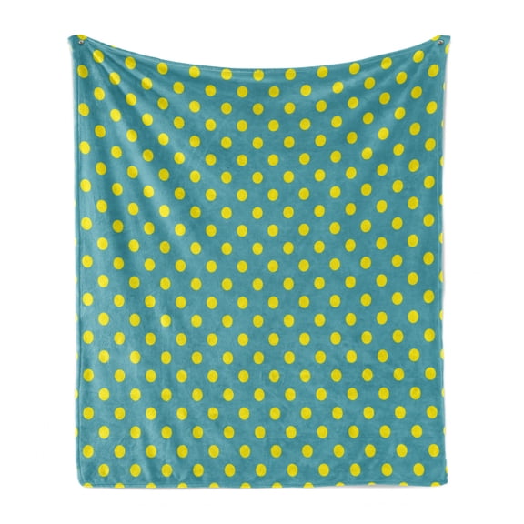 Yellow and Blue Soft Flannel Fleece Throw Blanket, Big Vintage Polka Dots Pattern Nostalgic Spotted Pastel Design, Cozy Plush for Indoor and Outdoor Use, 70" x 90", Teal Yellow, by Ambesonne