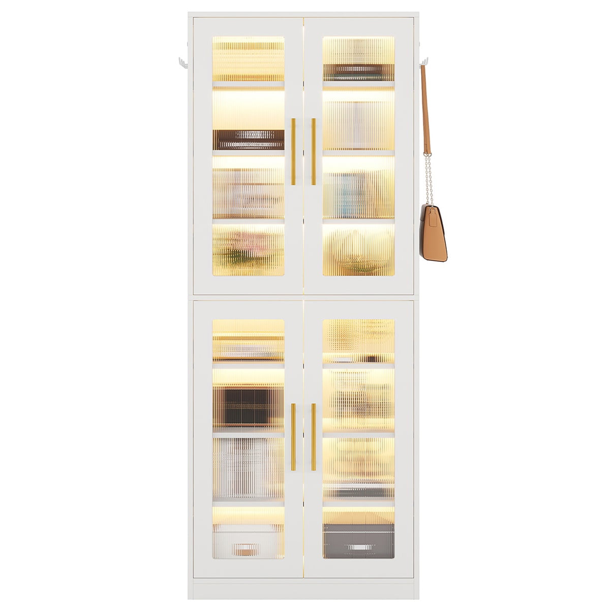 Hommoo 8-Tier Freestanding Tall Shoe Cabinet with Acrylic Doors and LED Lights, 24 Pairs,White