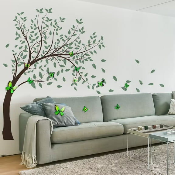 Large Green Tree Wall Decals 3D Green Butterfly Wall Stickers Peel and Stick Waterproof Wall Murals Decor for Living Room Bedroom Classroom (Green Butterfly)