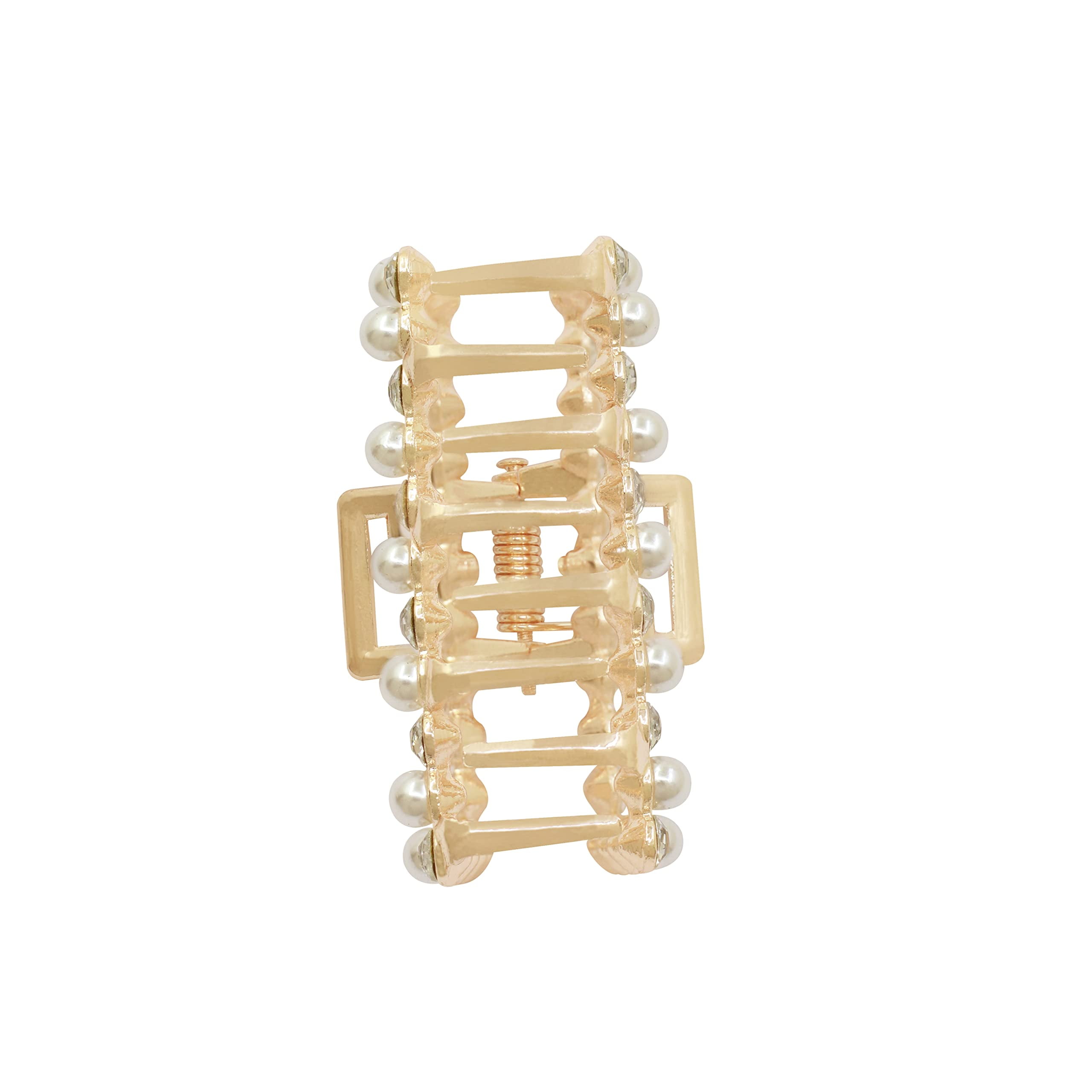 Radhna Rectangular Pearl Stone Hair Claw Clip | Elegant Pearl Clip for Women & Girls | Medium Size | Pack of 1