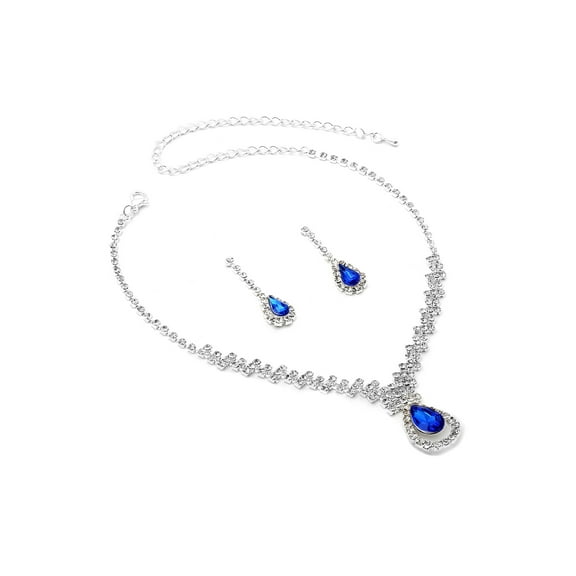 Silver Crystal Rhinestone with Large Sapphire Teardrop Center Necklace and Matching Dangle Earrings Jewelry Set
