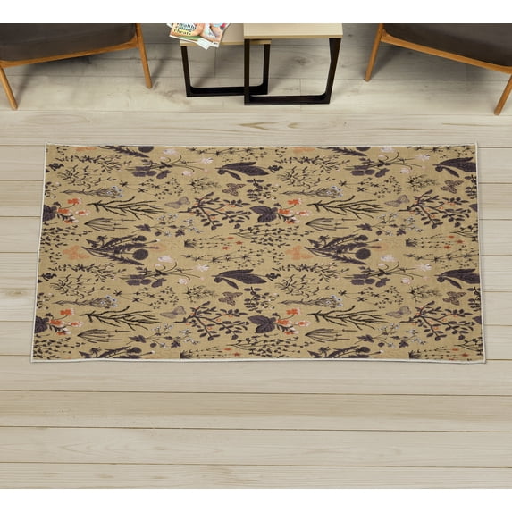 Floral Decorative Rug, Vintage Garden Plants Herbs Flowers Botanical Classic Design Illustration, Quality Carpet for Bedroom Dorm and Living Room, 6 Sizes, Pale Camel, by Ambesonne