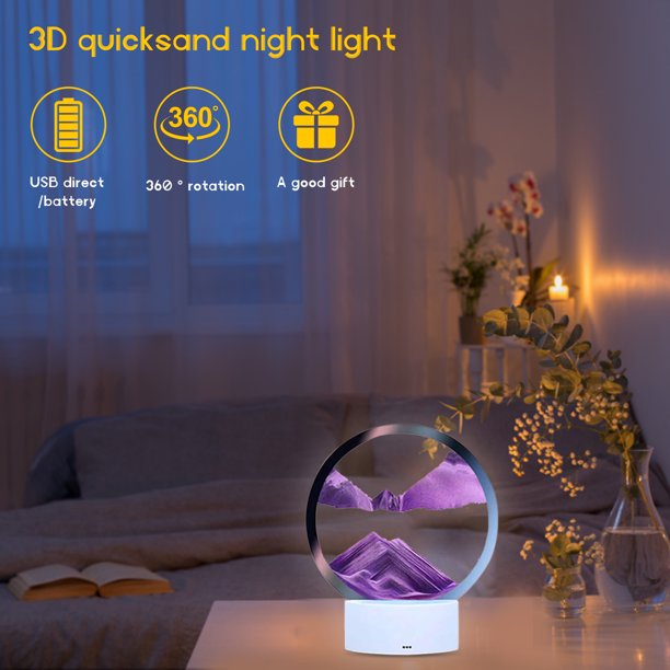 Lámpara USB Quicksand Night Light Touch Control remoto 3D Sandglass de mesa (Púrpura)