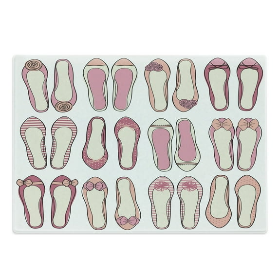 Retro Cutting Board, Ballerina Shoes with Ribbon Roses Stripes and Polkadots Feminine Design, Decorative Tempered Glass Cutting and Serving Board, Large Size, Beige Pink, by Ambesonne