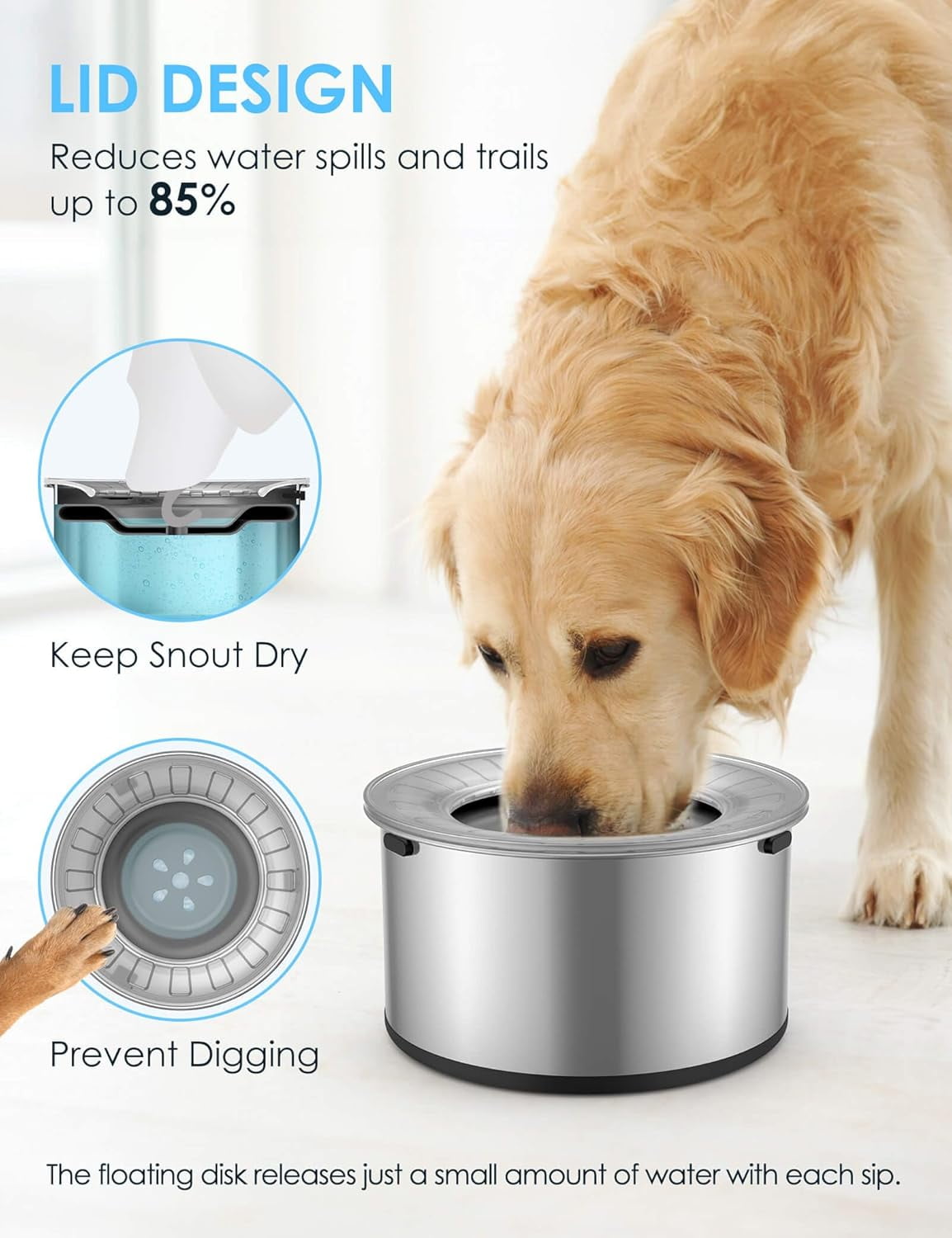 1Gallon Large Dog Water Bowl No Spill, [Anti Digging Lid & Rubber Bottom] Spill Proof Dog Bowl, Anti Splash Mess Dripless Slow Drinking Stainless Steel Water for Sloppy Messy Drinkers Car
